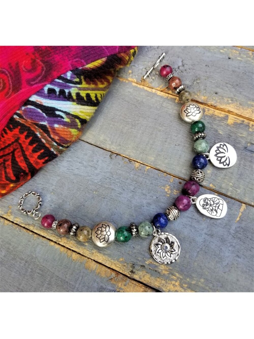 Artisan Chakra Bracelet Buddha Lotus Charm Colorful Gemstone Yoga Meditation - Picture 3 of 12